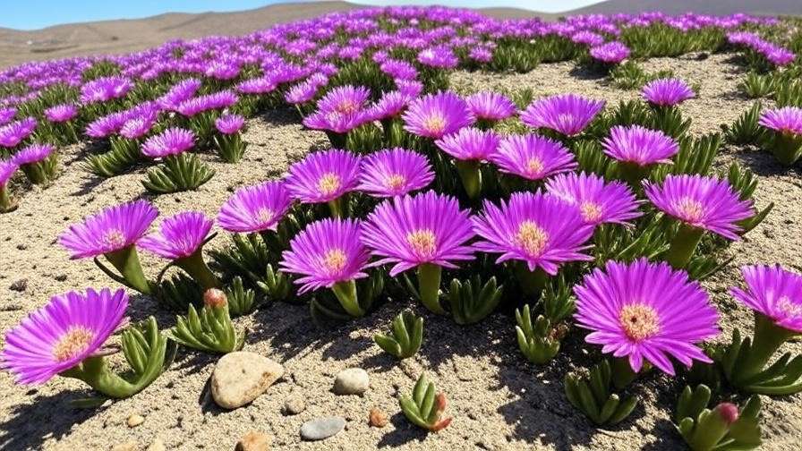 Delosperma cooperi succulent ground cover with blooms in drought-tolerant slope landscaping.