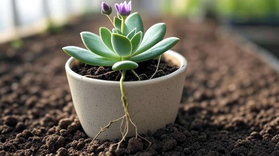 Propagating succulent with purple flowers using leaf cuttings in indoor soil mix.