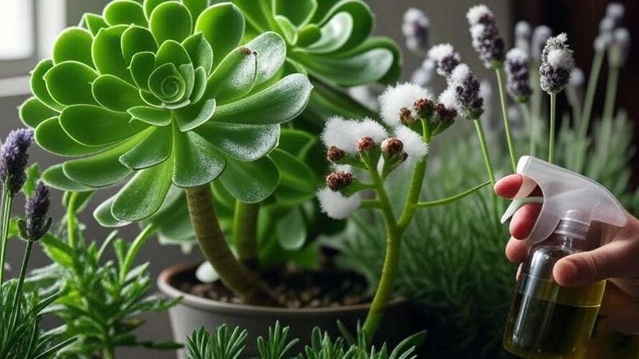 Aeonium succulent pest control with neem oil spray against mealybugs in indoor environment.