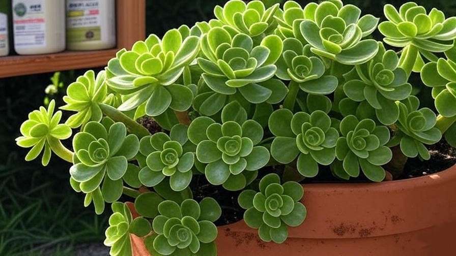 Applying balanced fertilizer to Aeonium succulent soil for healthy indoor growth.