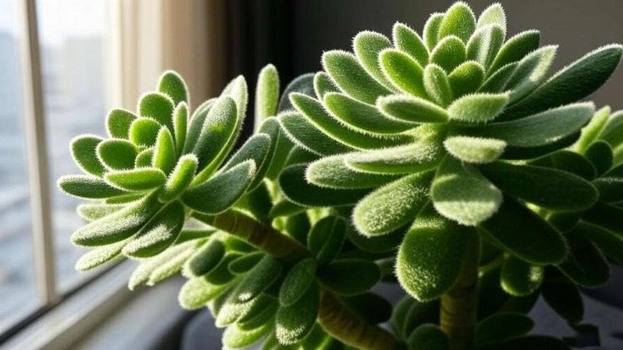 Fuzzy succulent in ideal indoor lighting for healthy growth tips