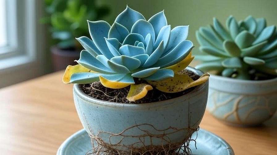 Comparison of overwatered and healthy blue succulent showing common care issues indoors.