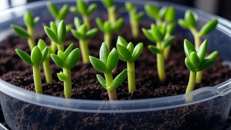 Crassula succulent leaf propagation steps in a humidity dome setup.