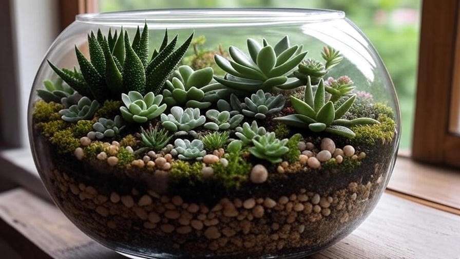 Enclosed terrarium succulent plant arrangement as a low-maintenance indoor display
