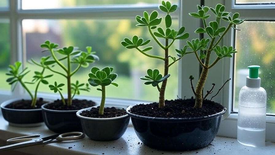 Aeonium succulent pruning and stem cutting propagation process on indoor windowsill.