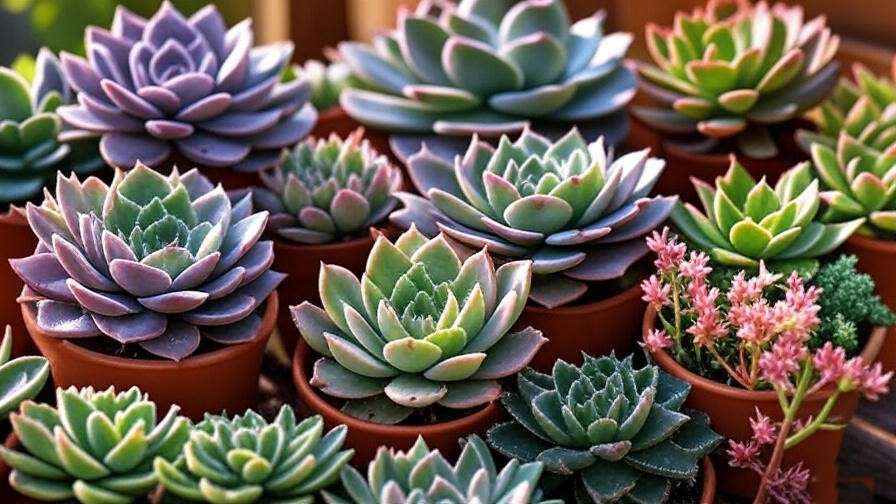"Close-up of Echeveria, Sempervivum, Haworthia, and Sedum succulents in small pots for cupcake succulent arrangements."