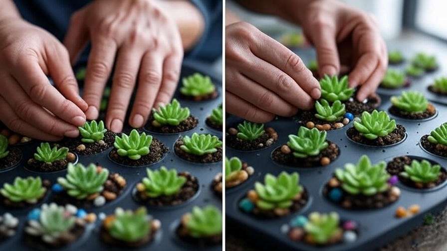 "Step-by-step process of crafting a cupcake succulent with soil, succulents, and pebbles."