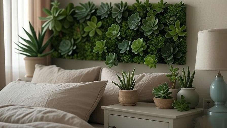 Faux succulents styled in a peaceful bedroom for hybrid greenery ideas.