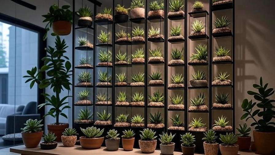 Indoor low light succulent garden setup with vertical shelves and terrariums in a dim modern living space.