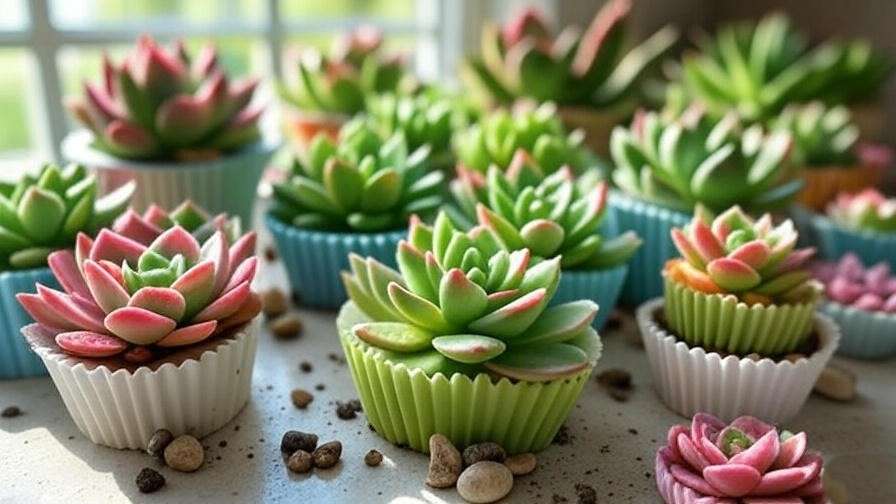"Thriving cupcake succulents on a windowsill with bright indirect light and decorative pebbles."