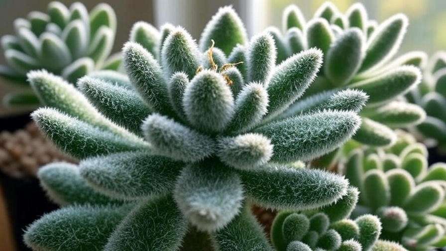 Close-up of fuzzy succulent trichomes for indoor plant care guide