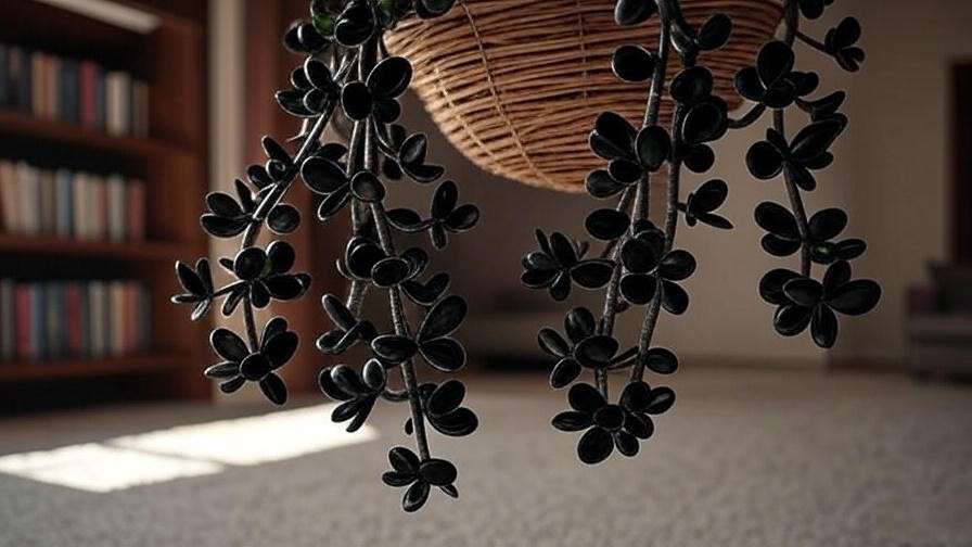 Trailing black stonecrop succulent in indoor hanging basket design