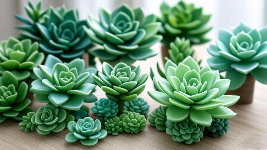 Close-up of realistic faux succulents in different materials for indoor decor.