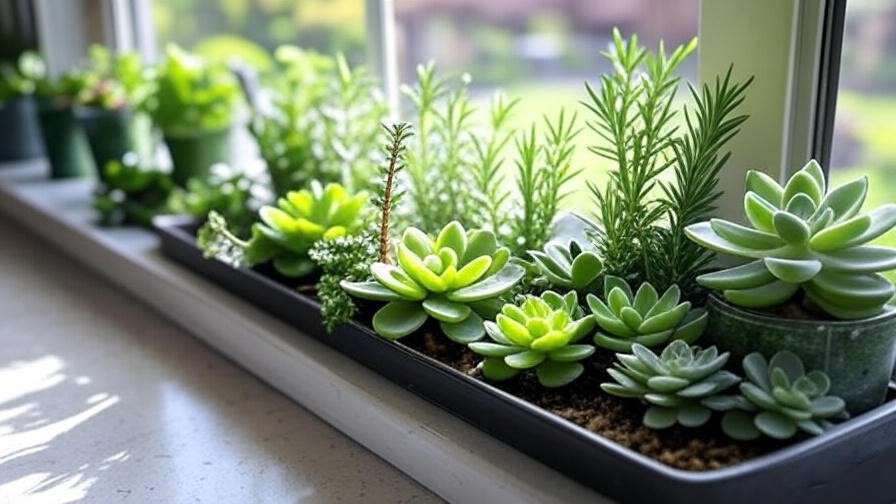 Window sill herb and succulent plant arrangement for kitchen indoor aesthetics 