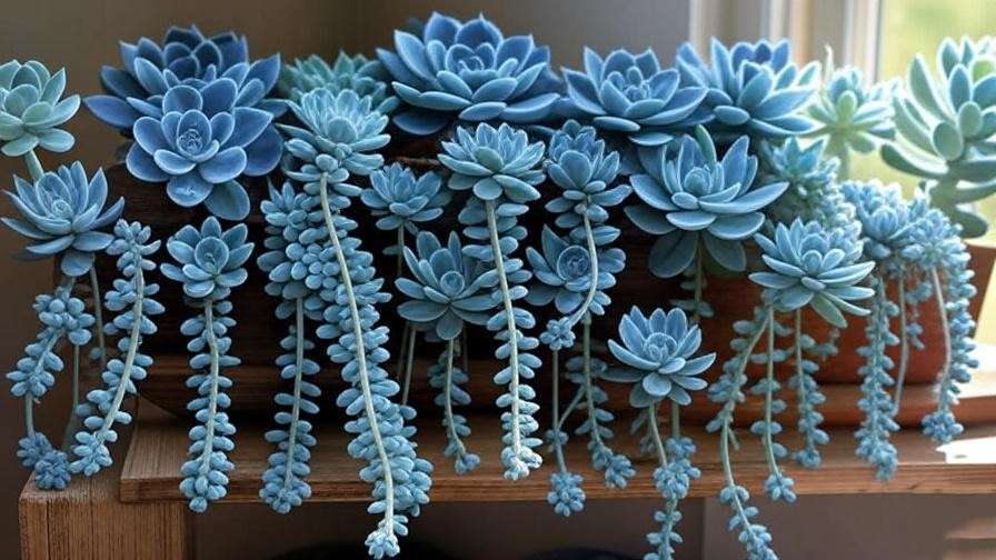 Assortment of indoor blue succulent varieties like Echeveria and Sedum in a home setting.