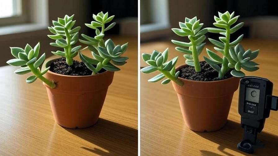 Recovery process for light-stressed indoor succulents through relocation and pruning.