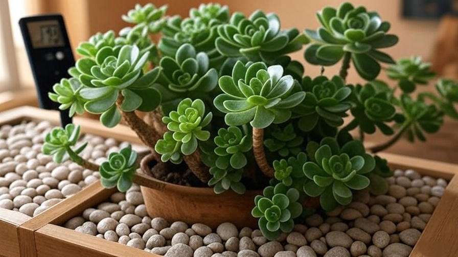 Aeonium succulents in optimal indoor temperature and humidity setup with thermometer and pebble tray.
