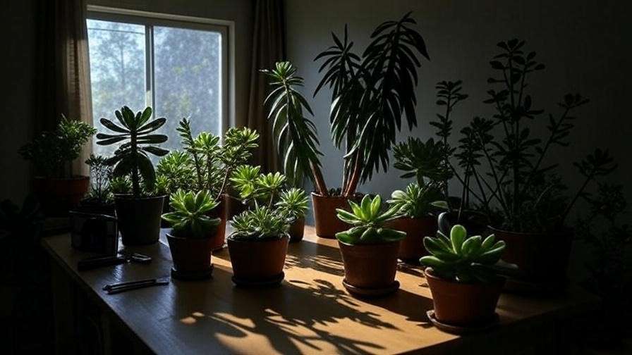 Dimly lit indoor space demonstrating low light conditions for succulents with light meter and plants in soft shadows.