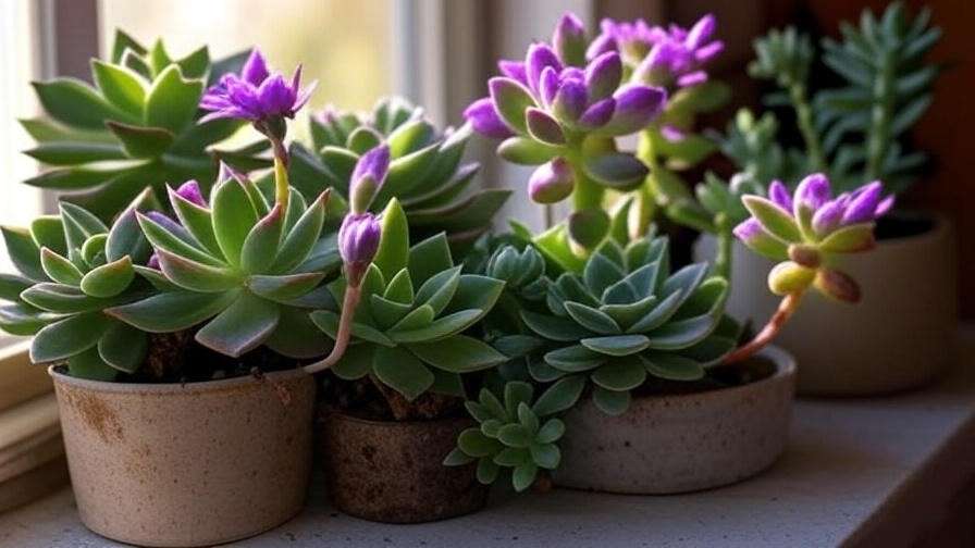 Indoor succulents with purple flowers thriving under natural and artificial light sources.