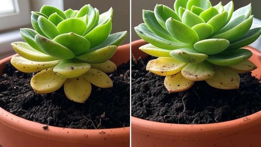 "Before-and-after revival of a drought tolerant succulent with pruning and repotting."