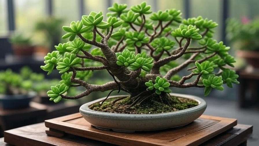 Bonsai-trained Crassula ovata jade plant for advanced indoor succulent shaping.