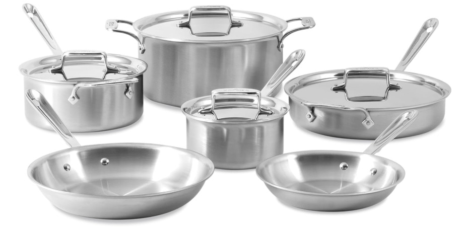 All-Clad D5 Brushed 5 Ply Stainless Steel Cookware Set 10 Piece w/ Frying Pans, Pots and Pans Set, Induction, Oven Broiler Safe 600F, Silver