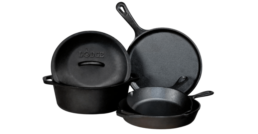  Lodge Seasoned Cast Iron 5 Piece Bundle. 10.5" Griddle, 8" Skillet, 10.25" Skillet, 10.25" Dutch Oven, and 10.25" Lid,Black