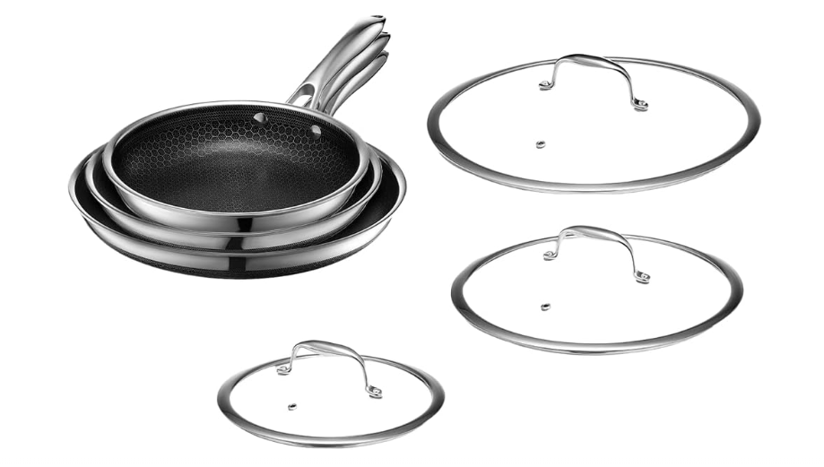  HexClad Hybrid Nonstick 6-Piece Fry Pan Set, 8, 10, and 12-Inch Frying Pans with Tempered Glass Lids, Stay-Cool Handles, Dishwasher-Friendly, Induction...
