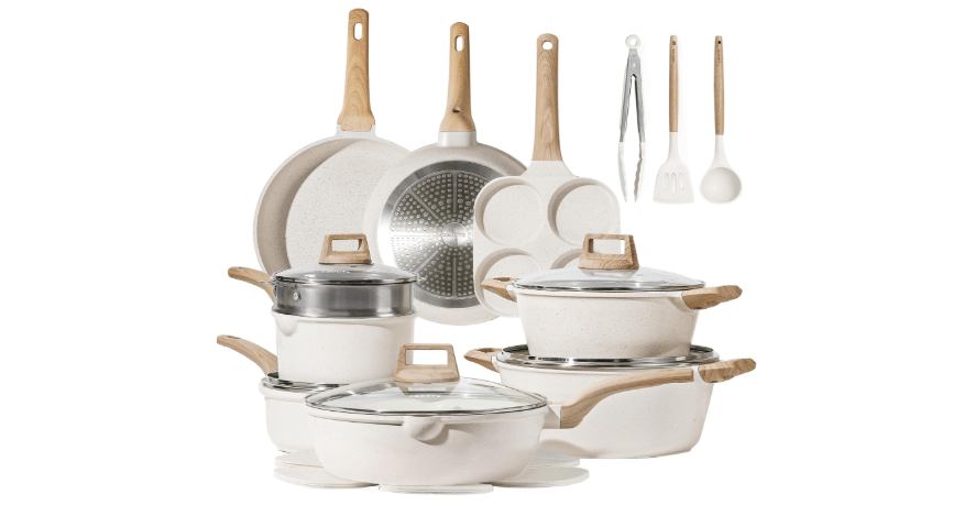  CAROTE 21Pcs Pots and Pans Set, Nonstick Cookware Sets, White Granite Induction Cookware Non Stick Cooking Set w/Frying Pans & Saucepans(PFOS, PFOA Free)