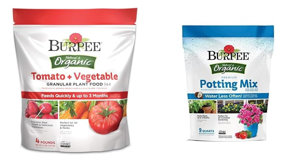  Burpee Organic Tomato & Vegetable Granular Plant Food, 4 lb with 9 Quarts Premium Organic Potting Soil Mix