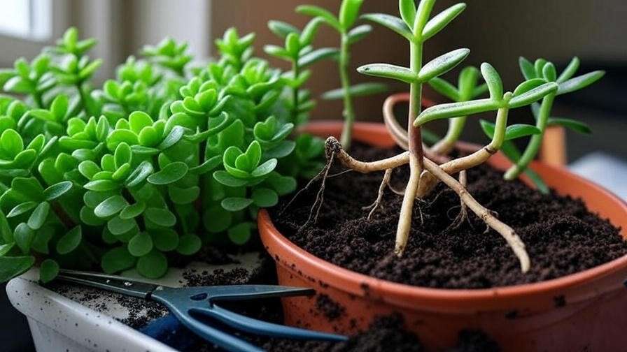 Fixing root rot in Crassula succulent with repotting and trimming.