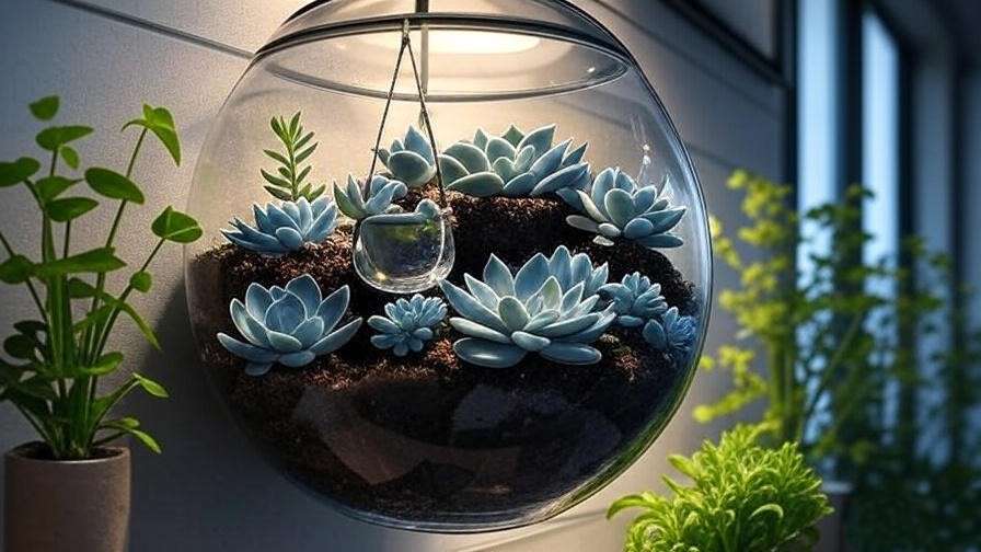 Stylish indoor display of blue succulents in terrariums and vertical planters for home decor.
