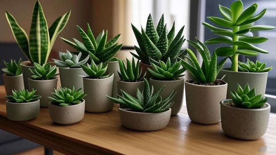 Collection of top low light succulents like Snake Plant and ZZ Plant arranged on a shelf for indoor gardens in dim spaces.