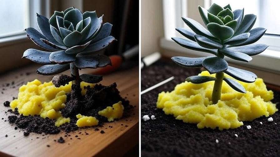 Before and after troubleshooting overwatered black succulent indoors