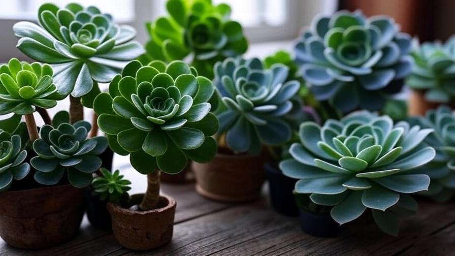 Close-up of diverse Aeonium succulent varieties including arboreum, Zwartkop, haworthii, and Sunburst on a table.
