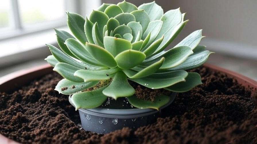 Aeonium succulent receiving deep watering with drainage in indoor setting using soak-and-dry technique.