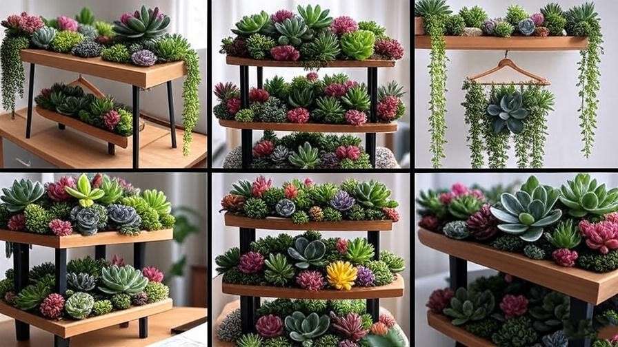 Collage of diverse indoor succulent plant arrangements for decor inspiration 