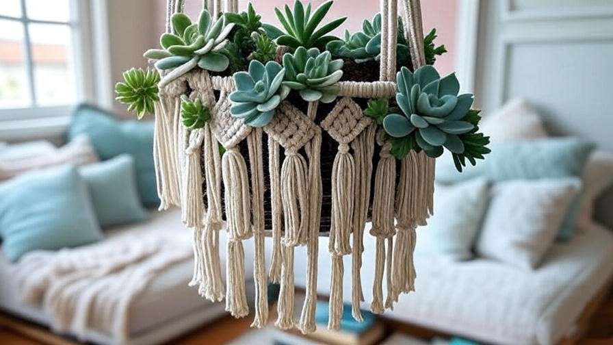 Bohemian hanging macramé faux succulent arrangement for space-saving decor.