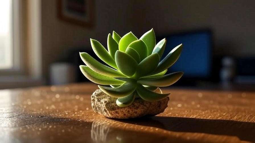 Split rock succulent under grow light in indoor window placement