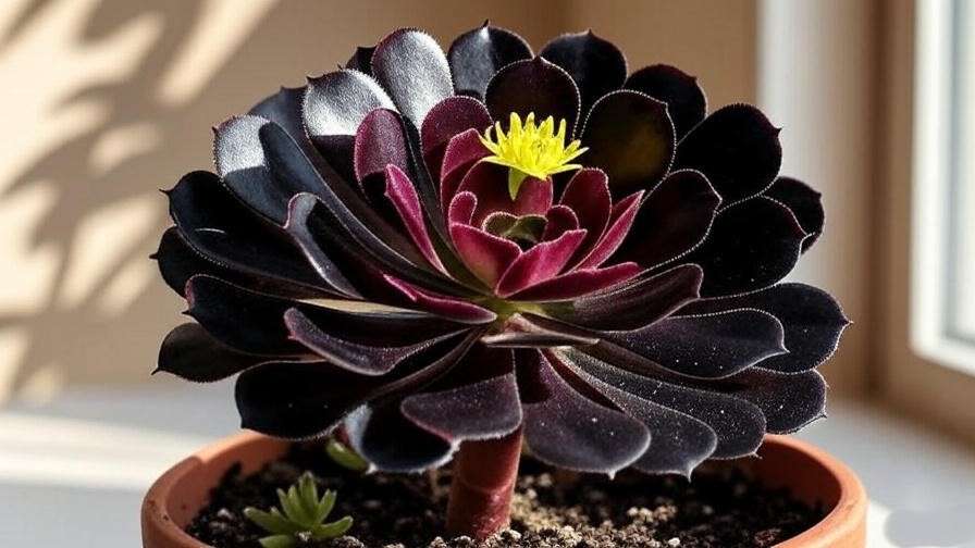 Close-up of Aeonium Zwartkop black succulent variety for indoor care