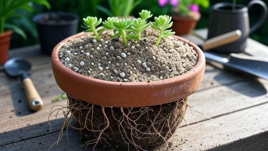 Terracotta pot with well-draining soil mix and Aeonium succulent during repotting process