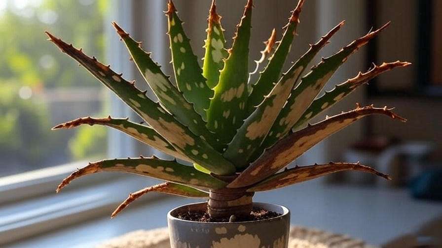 Sunburned Aloe Vera succulent with crispy tips from too much direct sunlight.