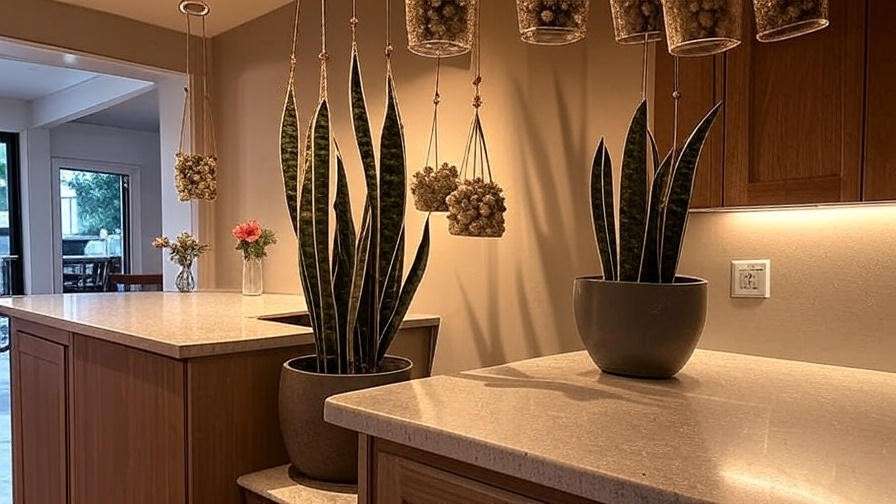 "Modern kitchen decor with drought tolerant succulents in hanging planters and Snake Plant."