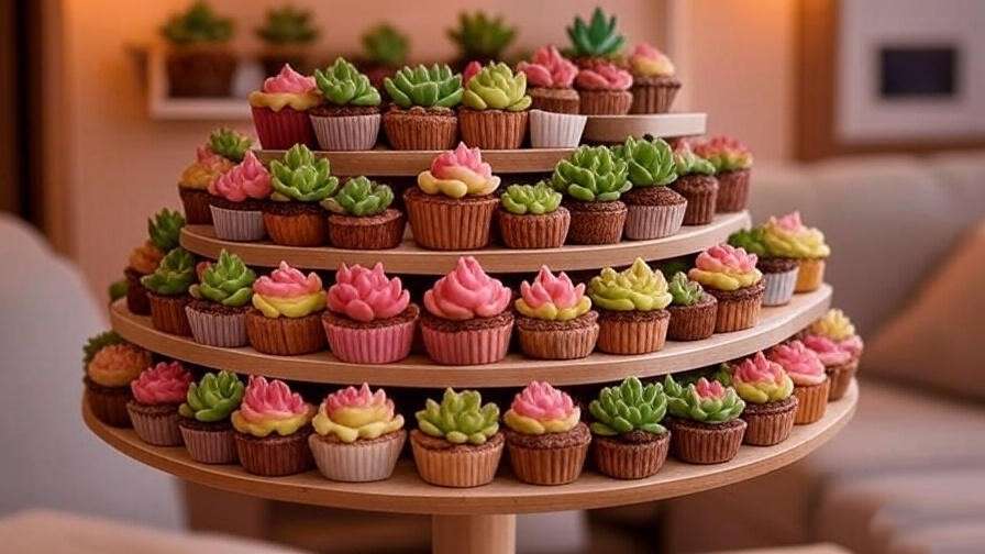 "Creative display of cupcake succulents on a tiered stand and wall-mounted shadow box in a cozy living room."