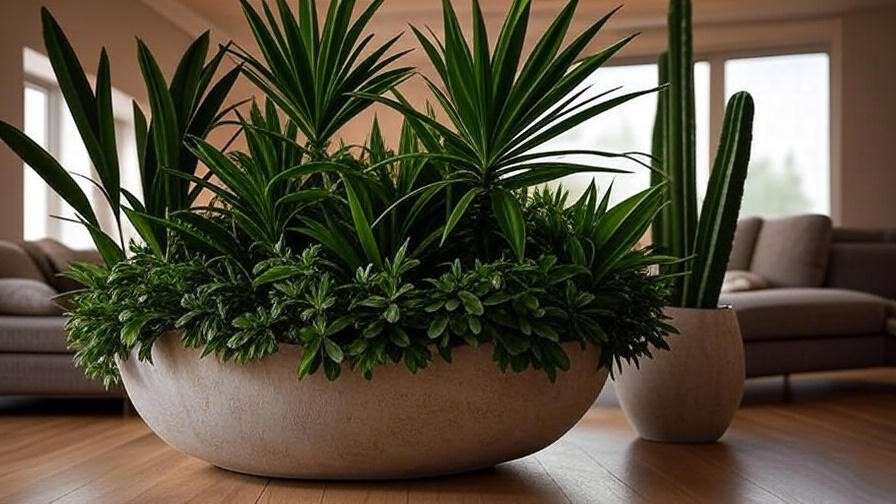 Statement large floor faux succulent planter for living room transformation.
