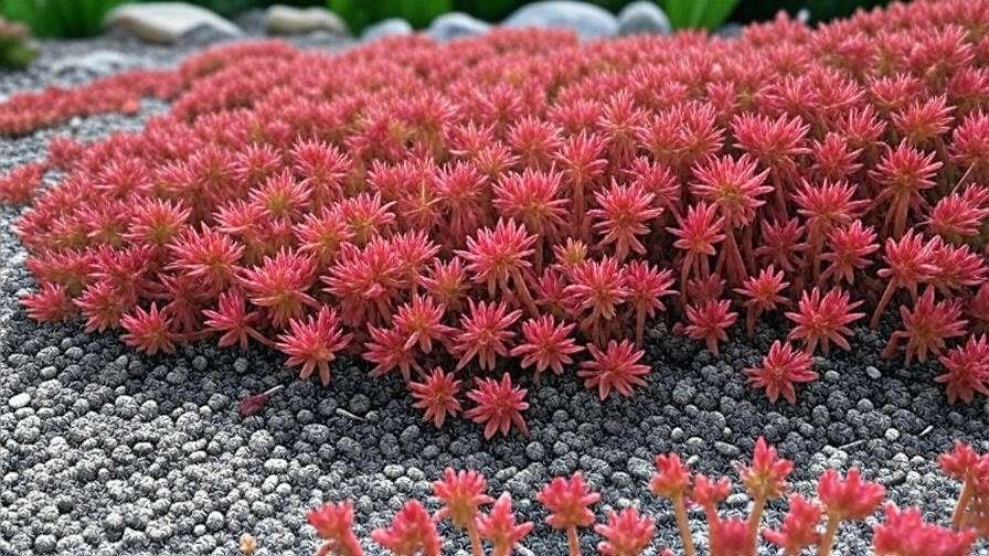 Sedum spurium succulent ground cover thriving in a drought-resistant rock garden. 