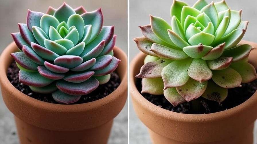 "Comparison of healthy and overwatered cupcake succulents with pest damage."