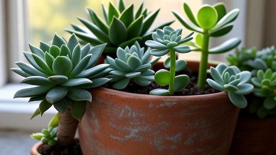 "Close-up of drought tolerant succulents like Aloe Vera and Echeveria in a terracotta pot near a window."