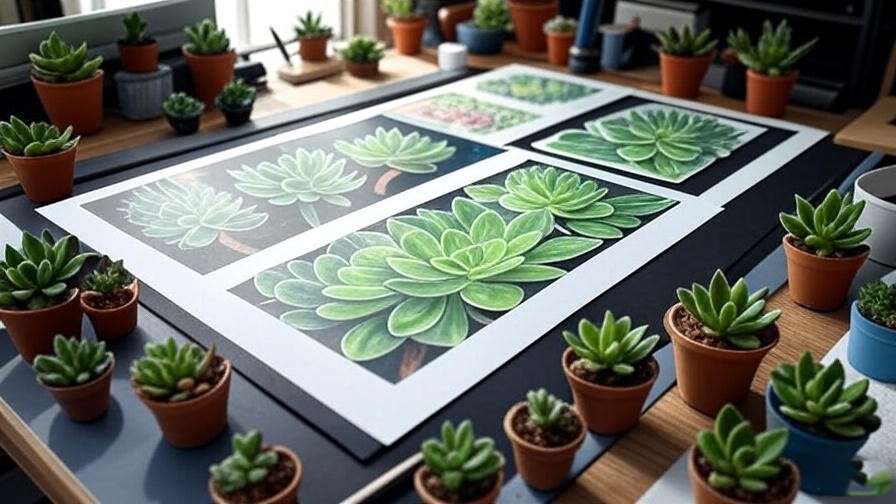 Custom succulent Chinese meal shirt design process with succulents and tools.