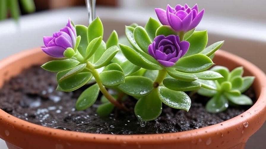 Watering a succulent with purple flowers in a terracotta pot for optimal indoor care.